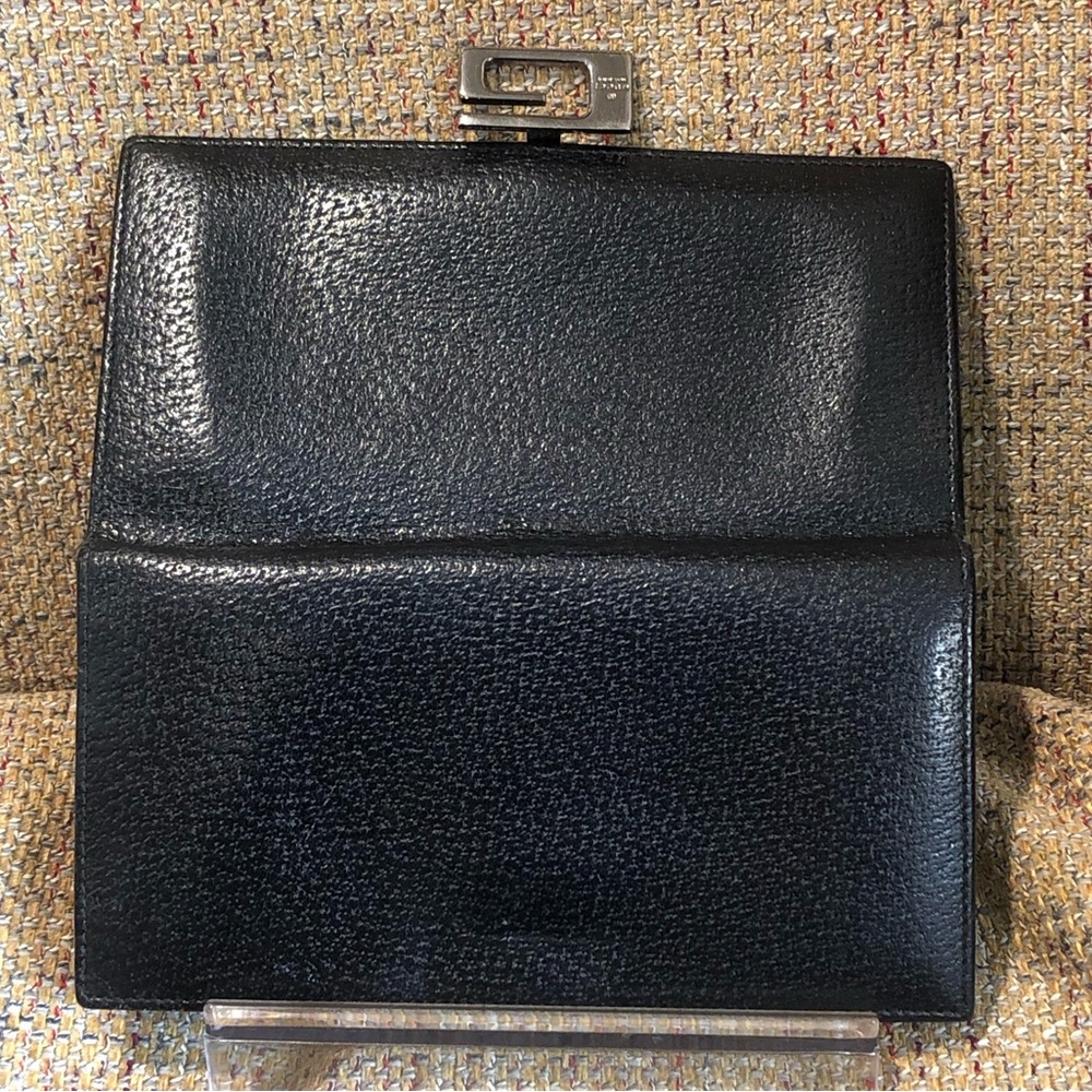 RARE GUCCI Black Lambskin Trifold Long Wallet with Silver G Clasp Vintage - Picture 7 of 17